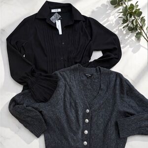 Black Pleated Pintuck Blouse Bell Sleeve Button-Up | grey cardigan